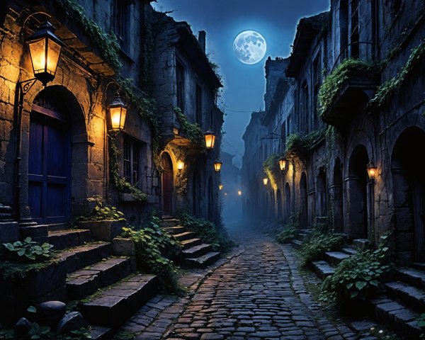 Mysterious cobblestone street in an ancient village