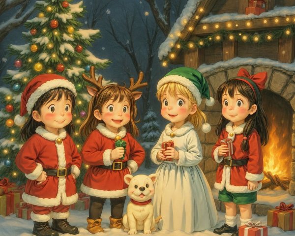 Cheerful Children in Festive Winter Scene with Gifts