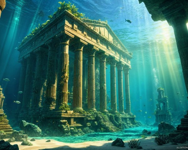 Submerged Ancient Temple with Marine Life and Greenery