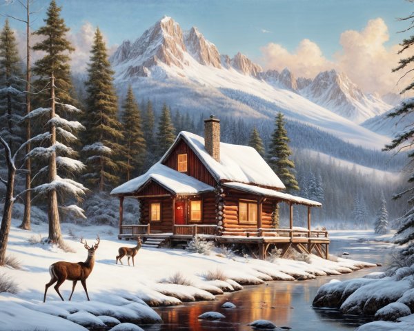 Cozy Log Cabin by Serene River in Winter Landscape