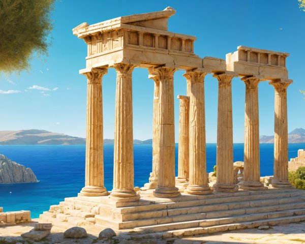 Ancient Greek Temple Ruins by Blue Waters and Hills