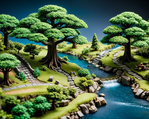 Miniature Landscape with Lush Trees and Streams