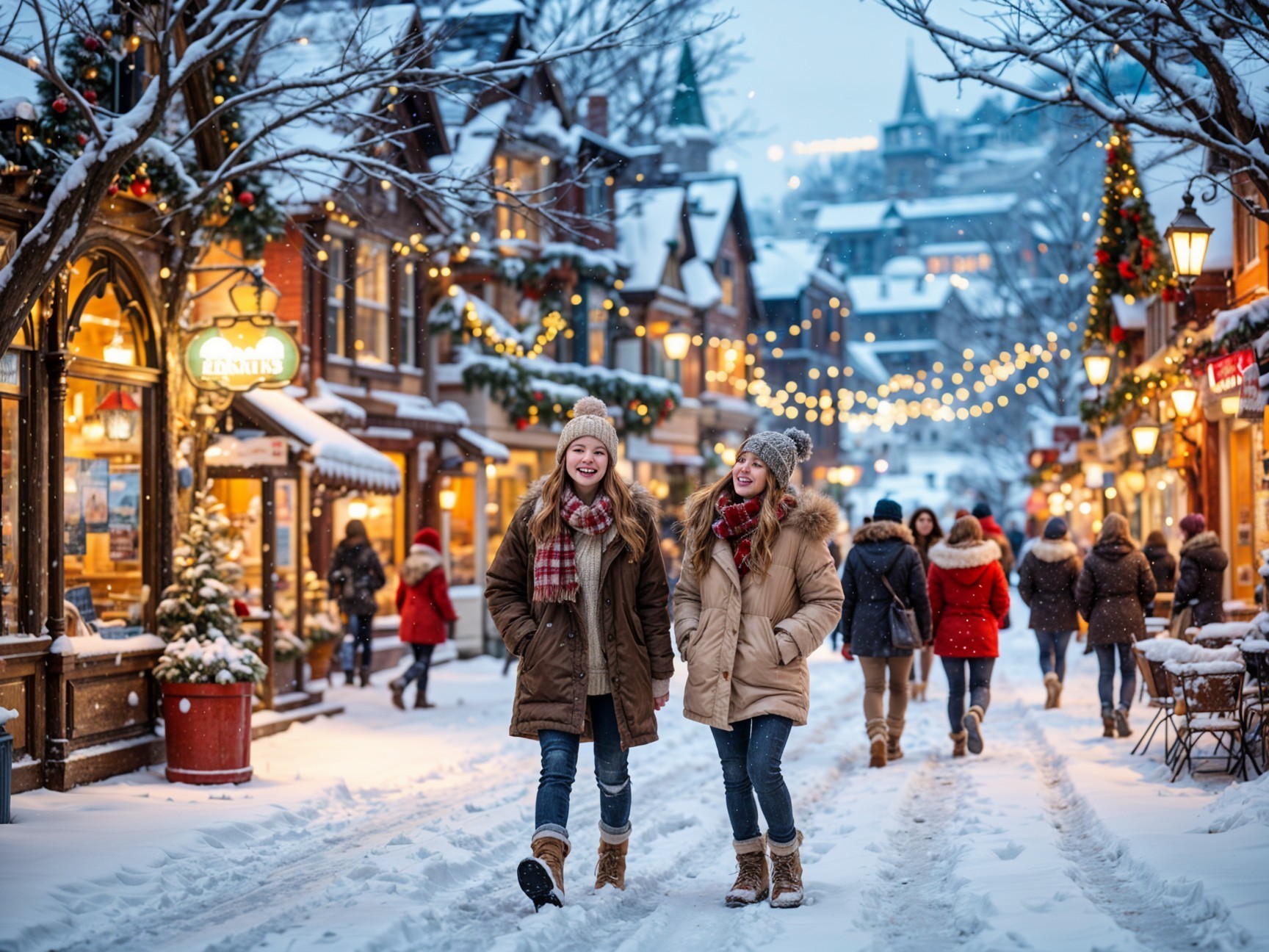 Snowy Village with Holiday Decorations and Festive Atmosphere