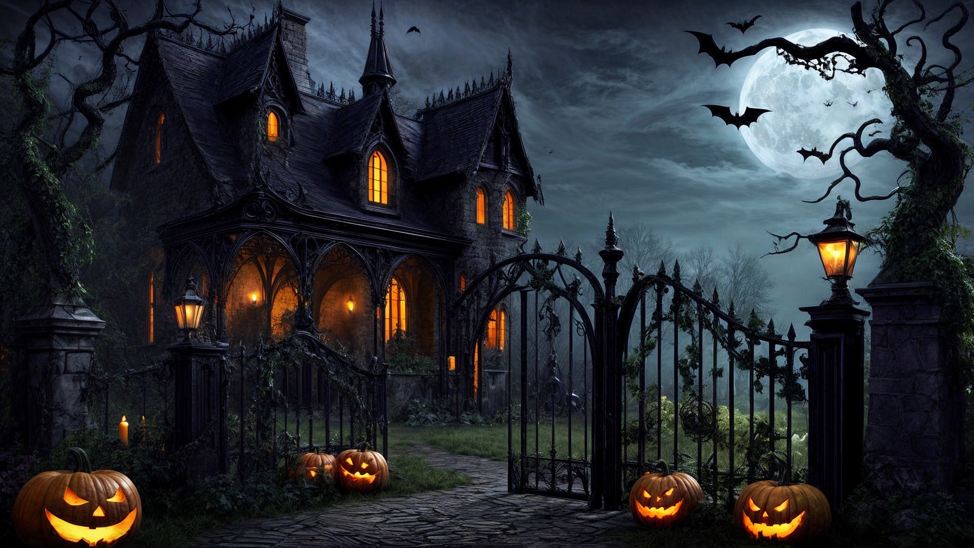Haunted Mansion in Dark Halloween Landscape