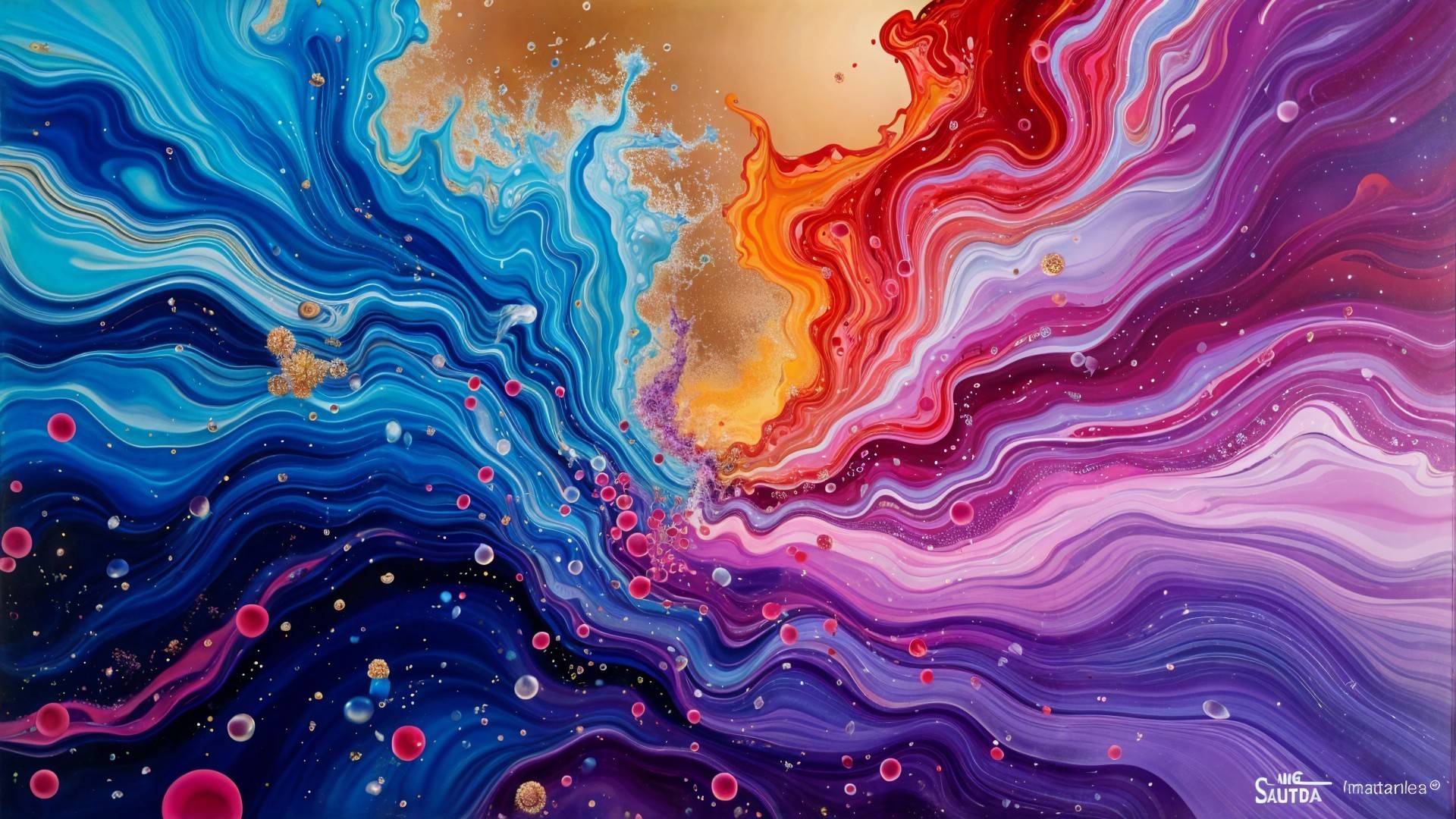 Vibrant Abstract Design with Swirling Colors and Bubbles