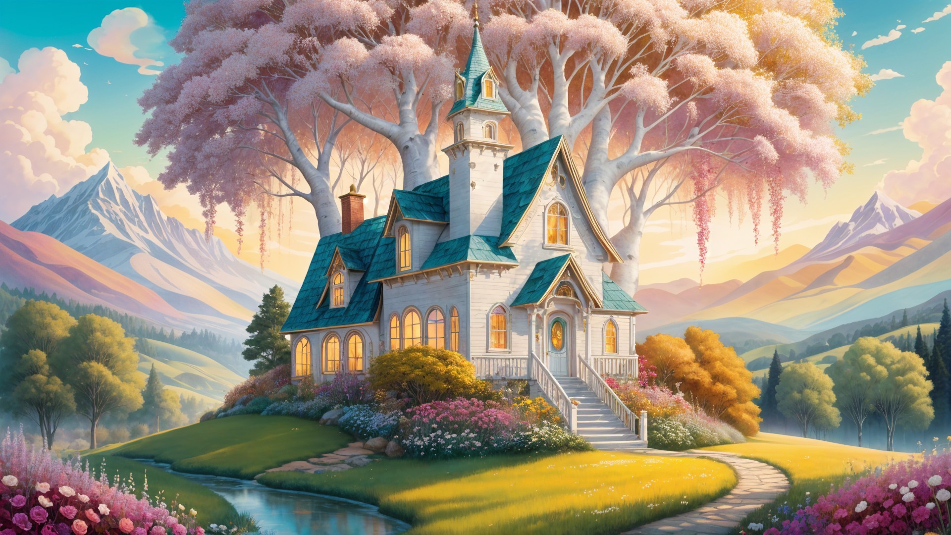 Whimsical House in a Vibrant Garden Landscape