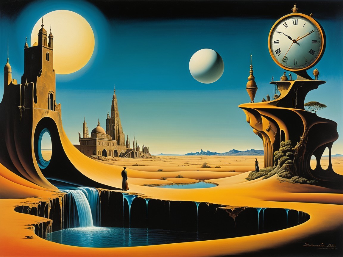 Surreal Desert Landscape with Waterfall and Structures