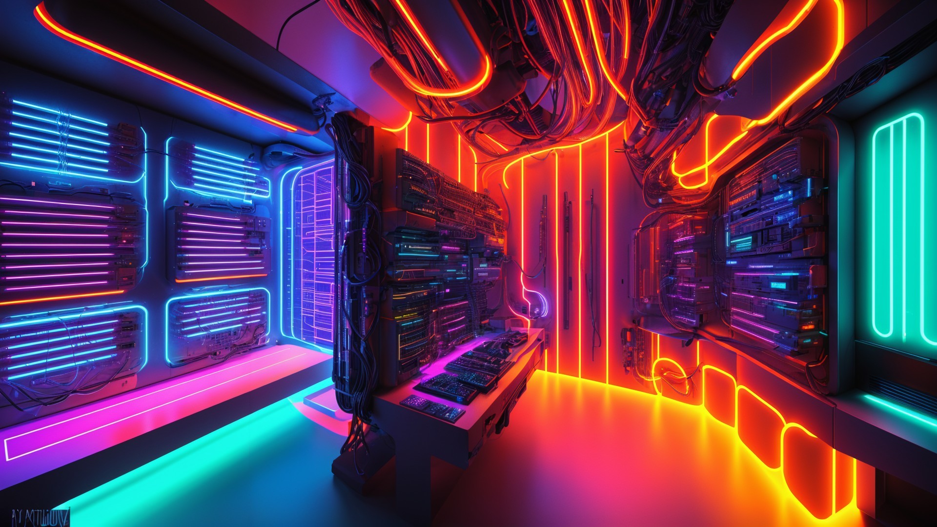 Futuristic Room with Neon Lights and Circuit Boards