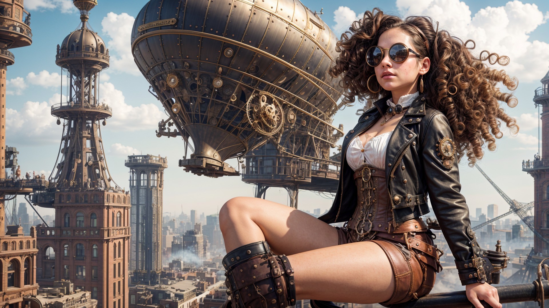 Steampunk Scene with Confident Woman on Rooftop