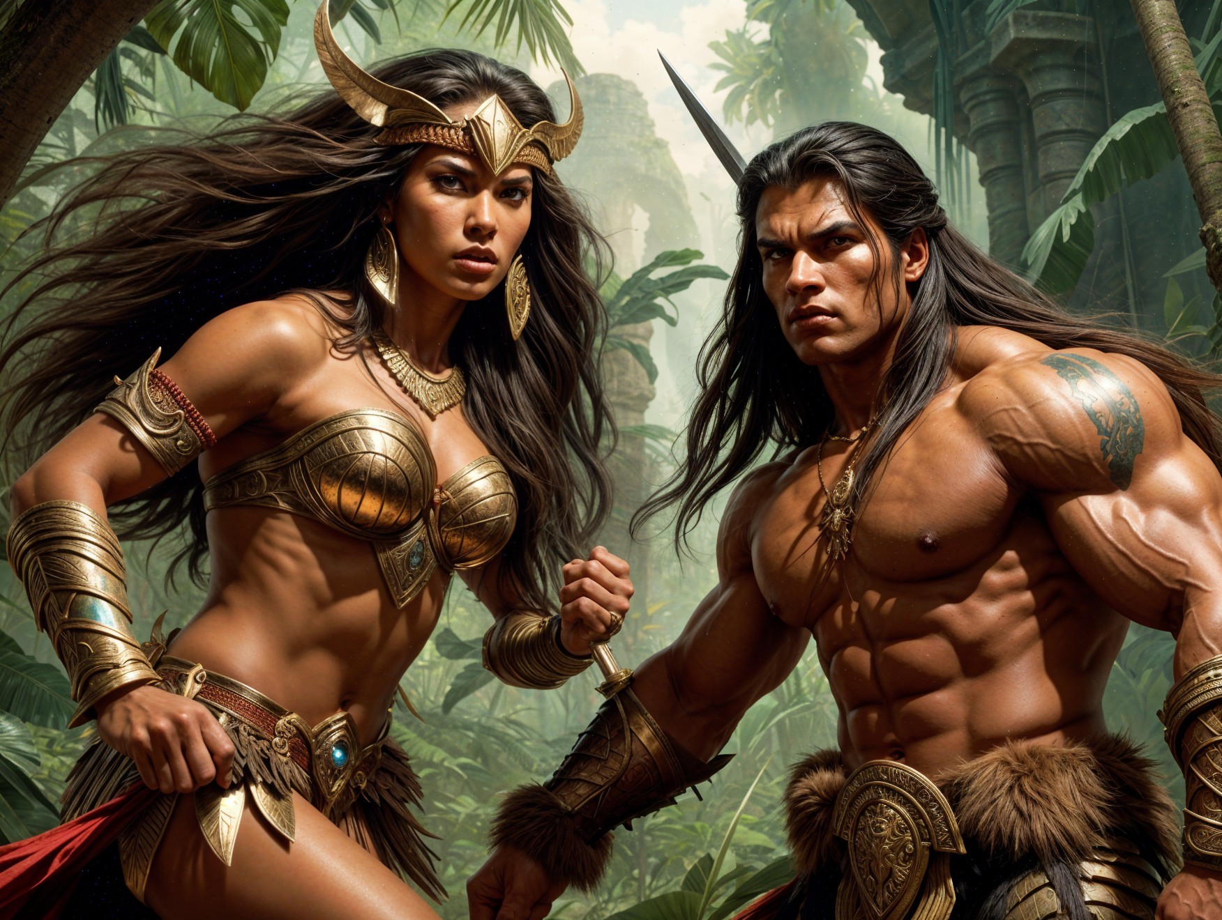 Warrior Duo in Lush Jungle Setting with Armor and Accessories