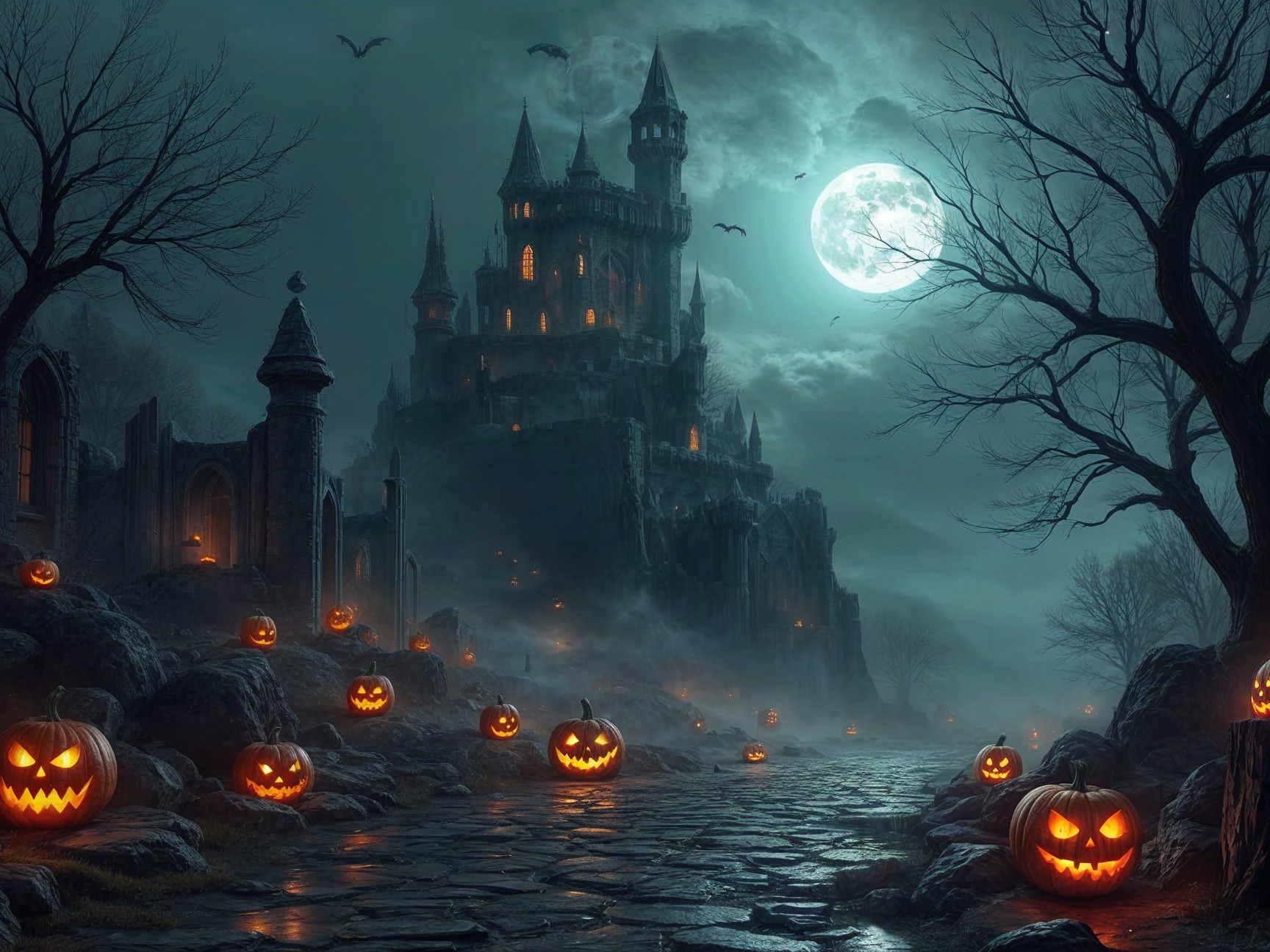 Gothic Castle in Eerie Halloween Landscape at Night