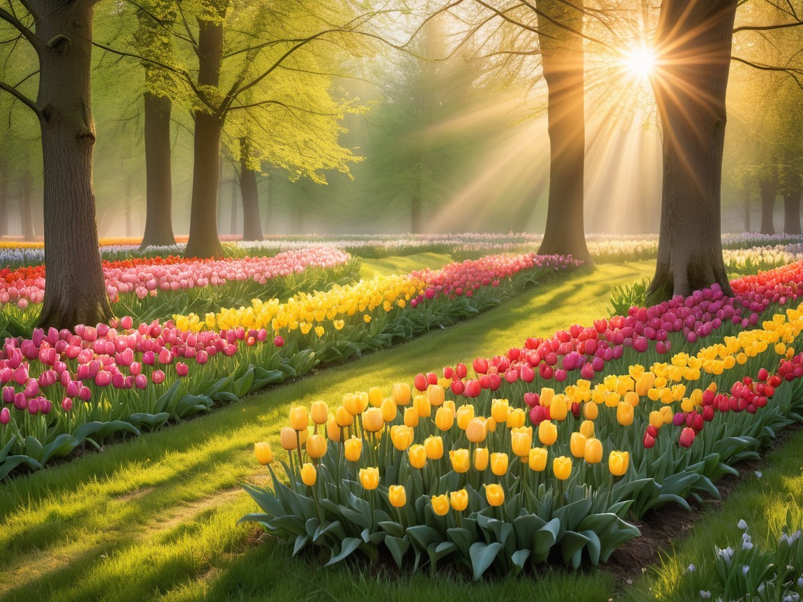 Vibrant Tulip Field in a Serene Spring Landscape