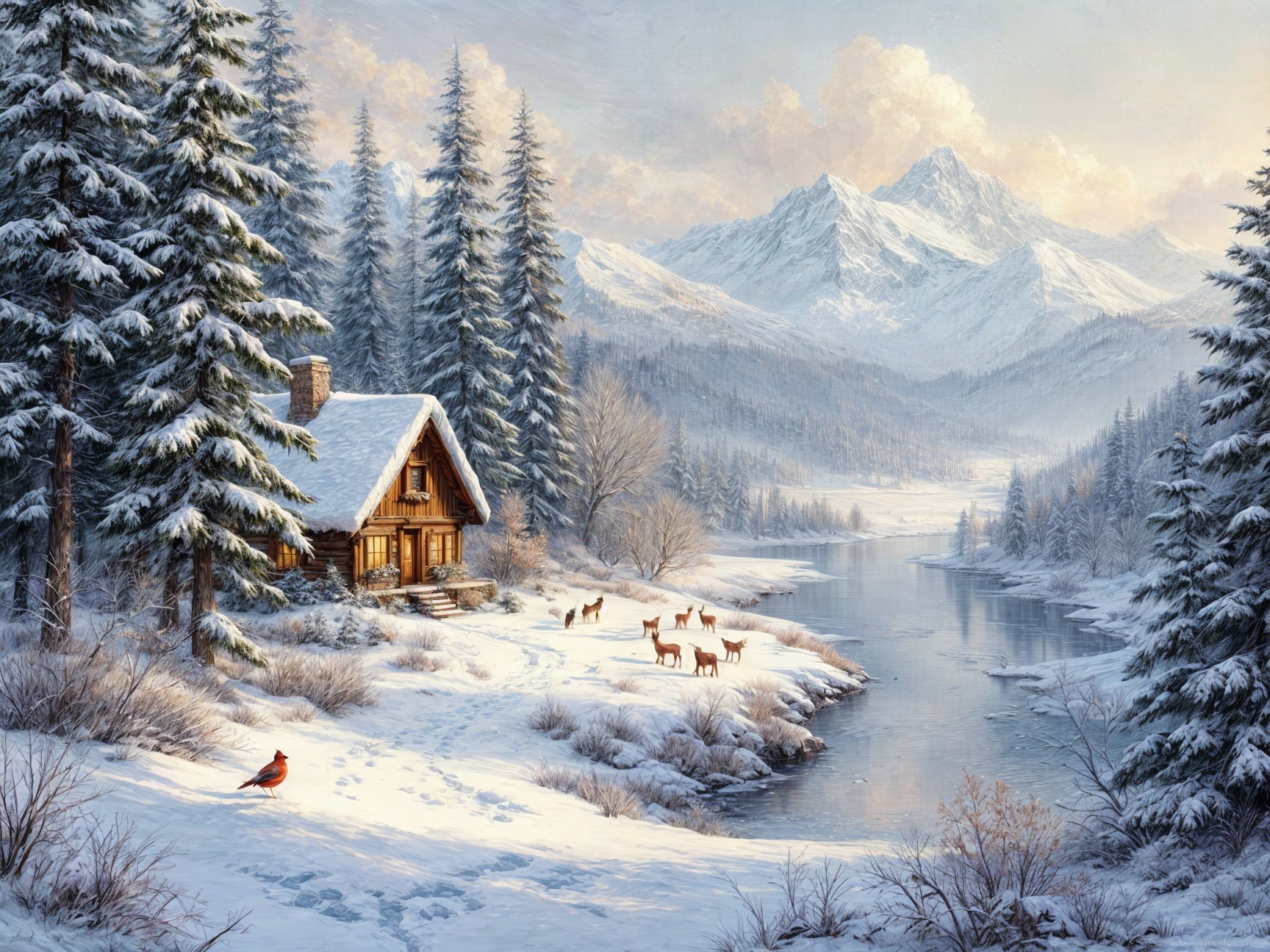 Winter Landscape with Cabin and Grazing Deer