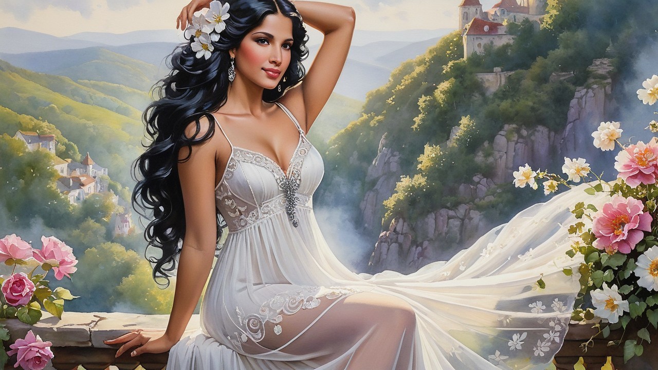 Elegant Woman in Sheer White Gown Amid Scenic Landscape