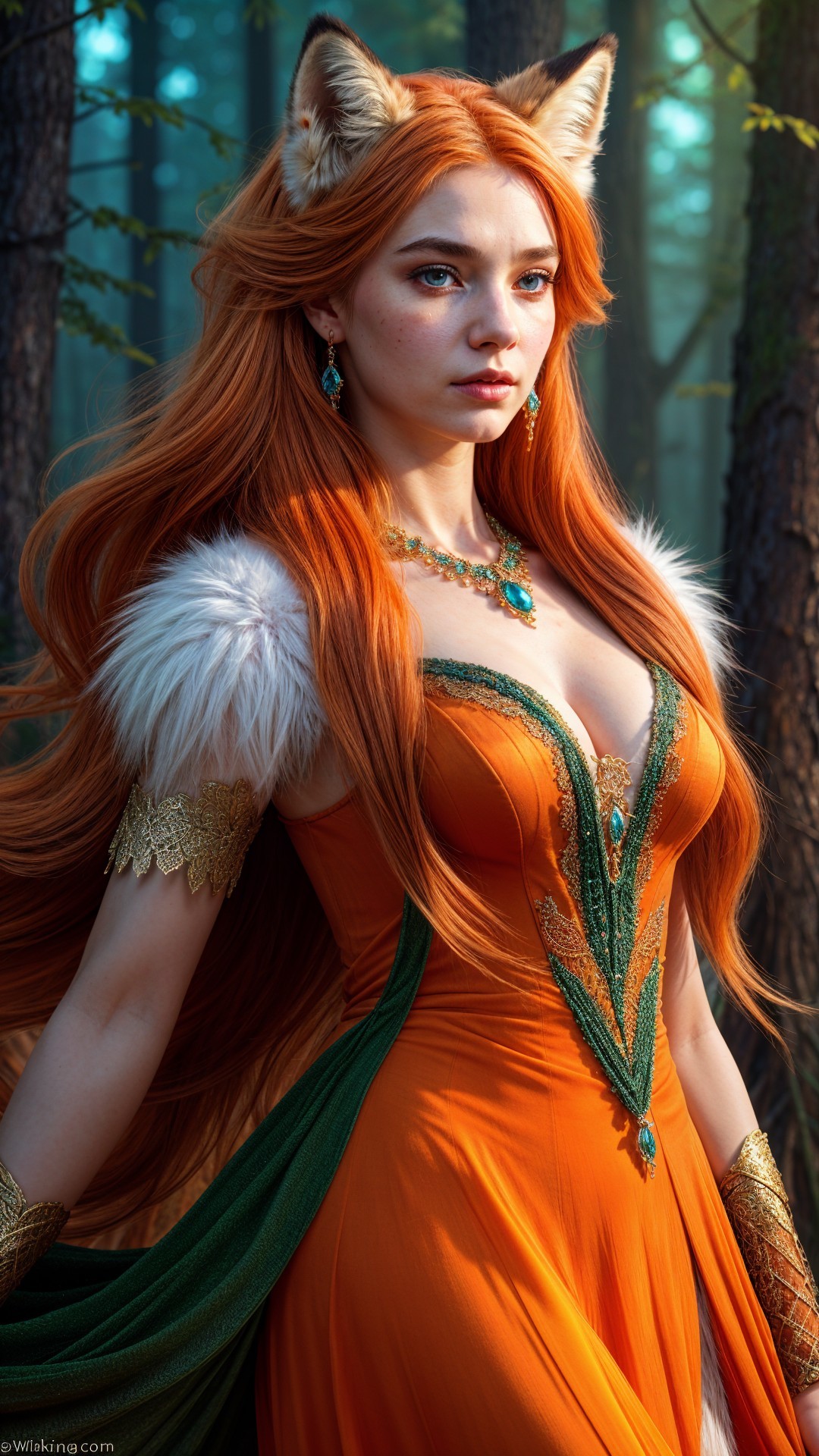 Young woman with amber hair in a forest setting