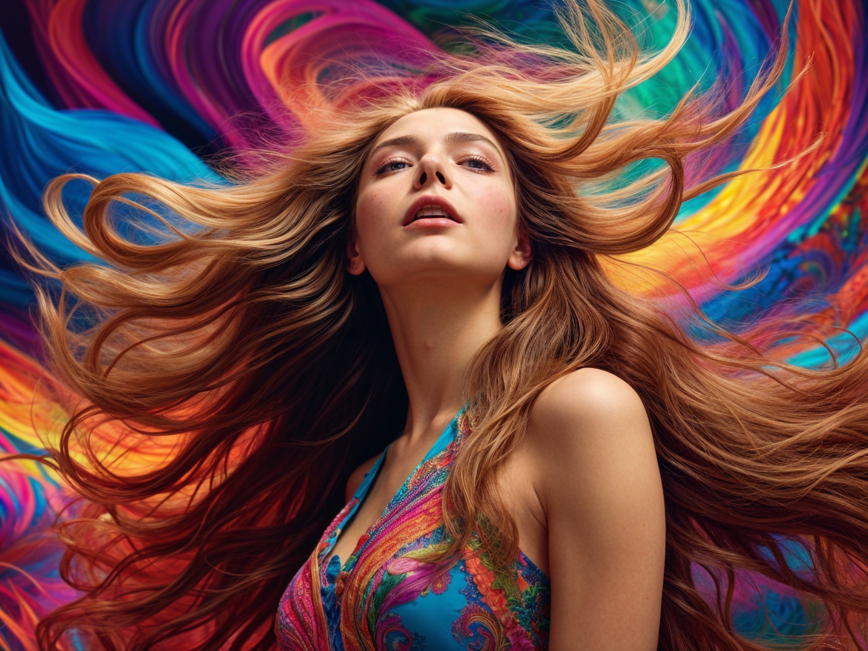 Young woman in colorful dress against vibrant background