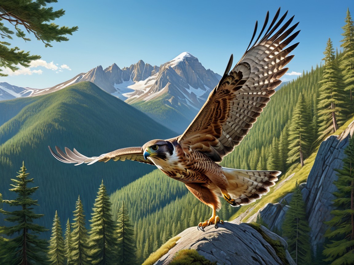 Hawk on Rocky Perch Overlooking Mountainous Landscape
