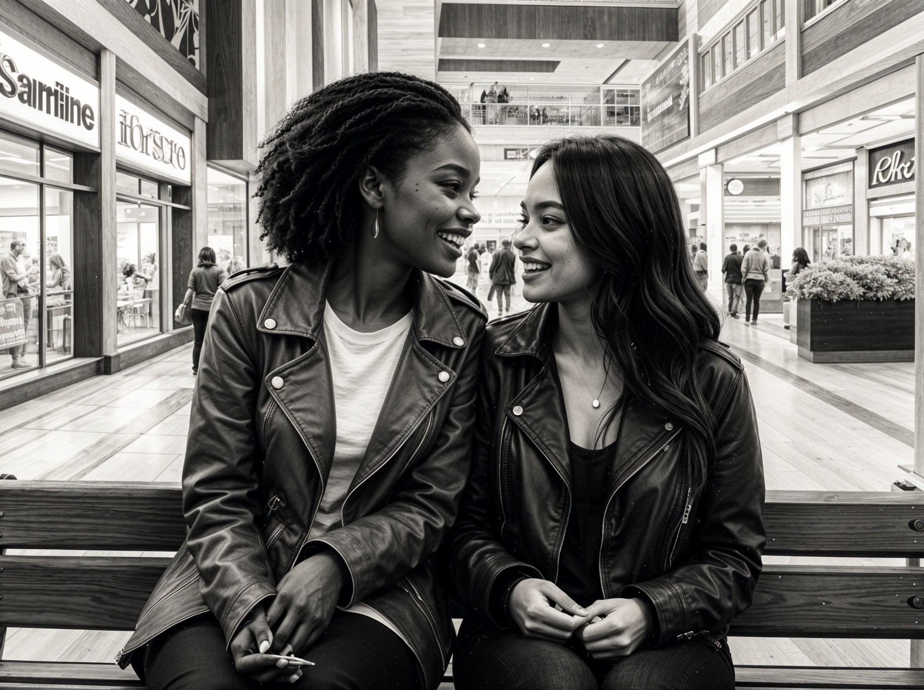 Young Women in Black Jackets at a Busy Mall Bench