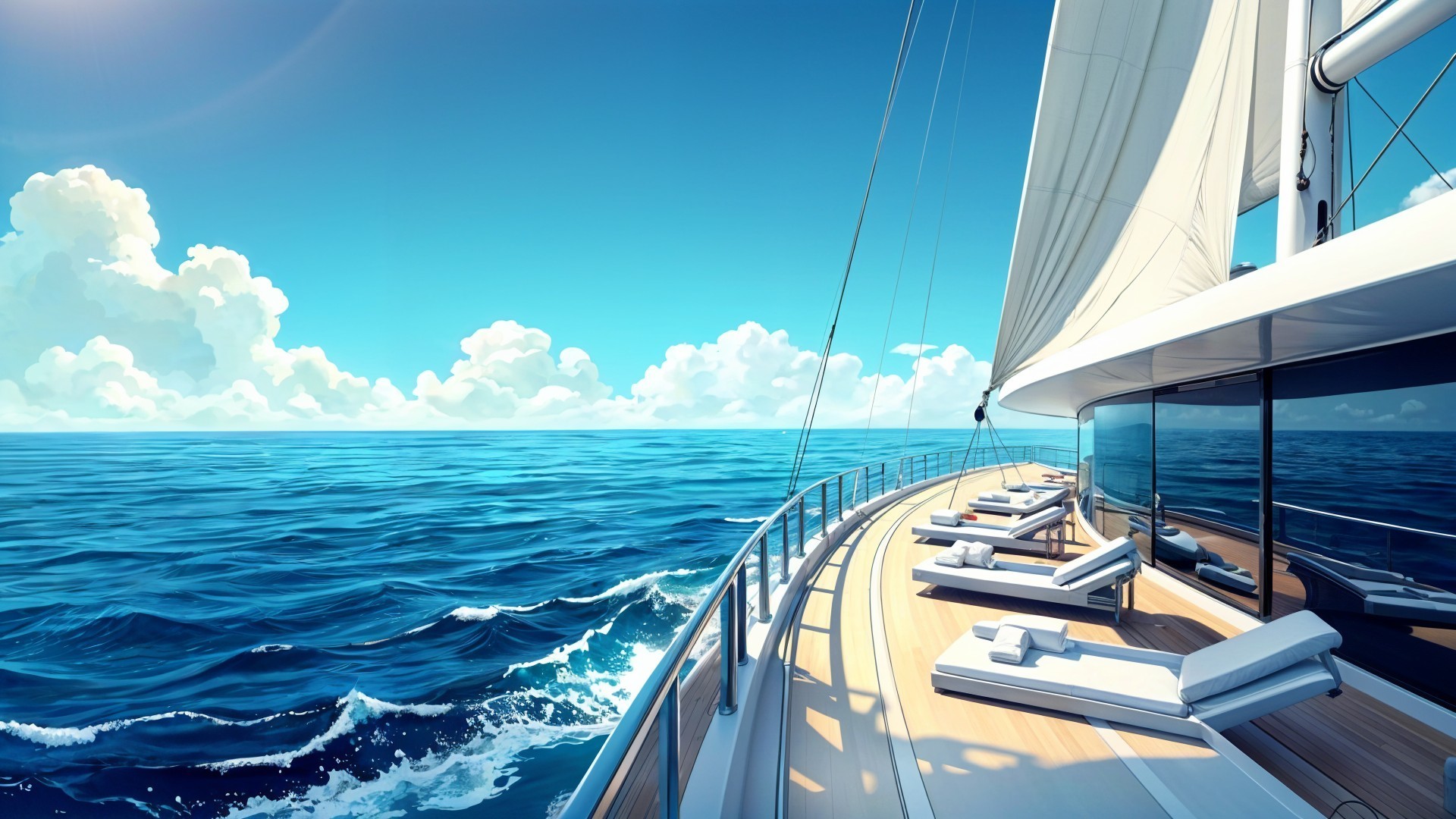 Luxurious yacht on clear blue waters under bright sky