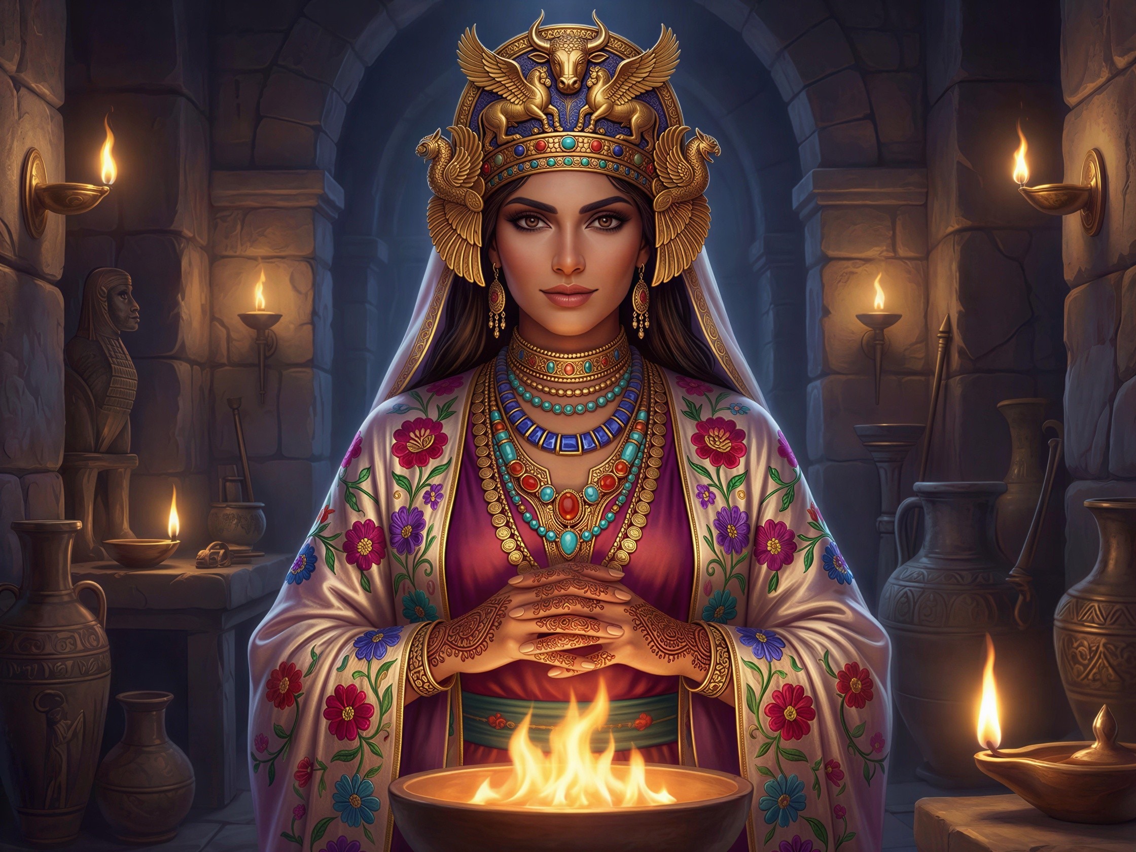 Beautiful woman in purple dress with intricate cloak