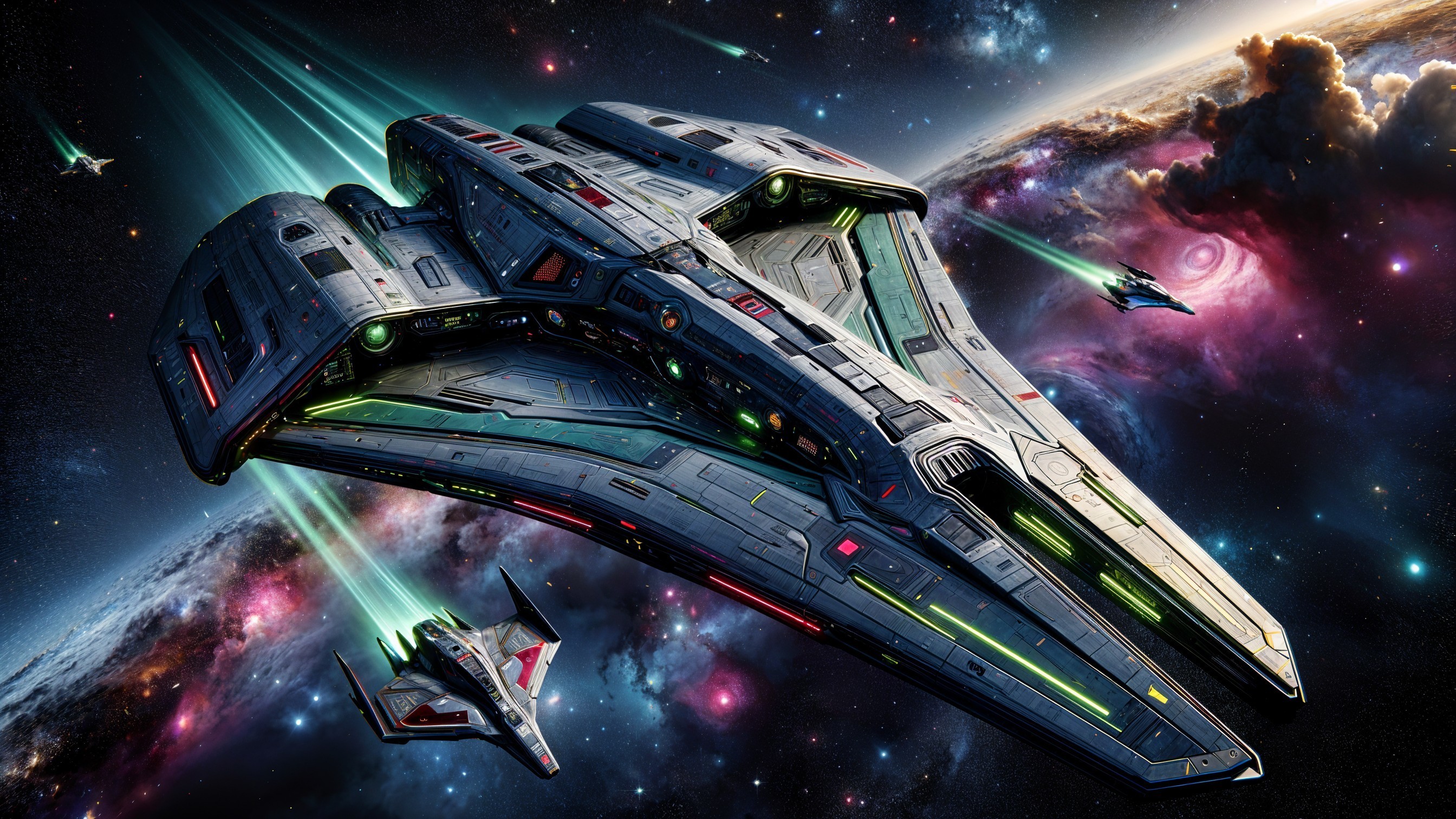 Futuristic spacecraft in vibrant cosmic landscape