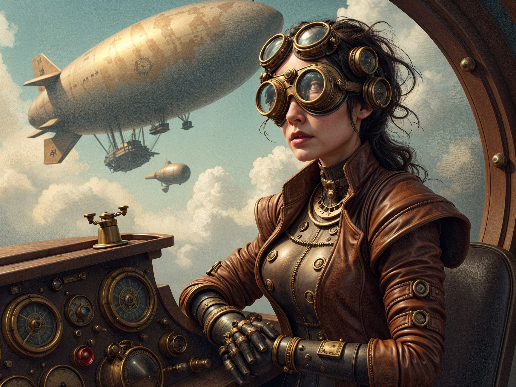 Steampunk Scene with Woman at Control Panel and Airship