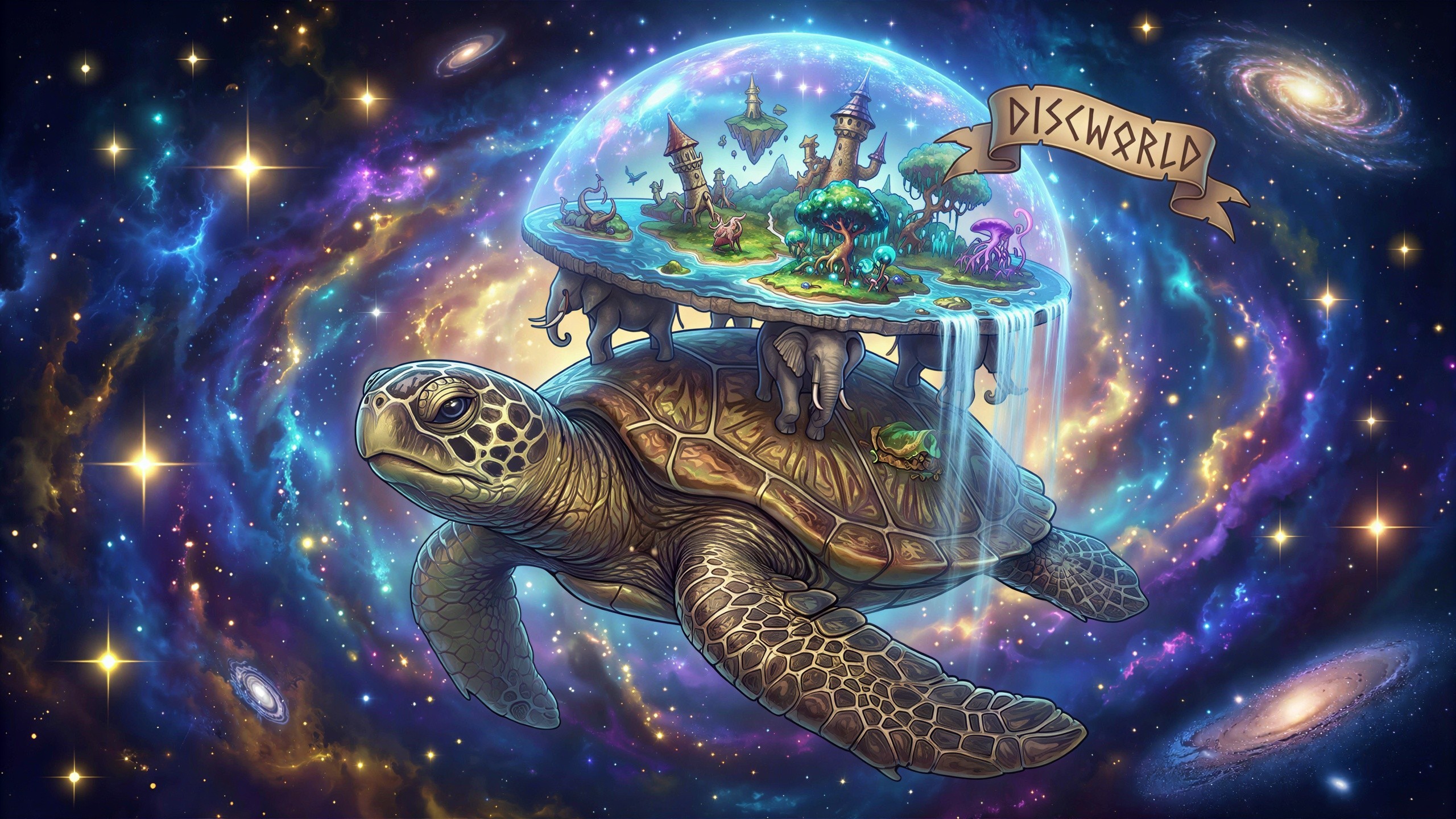 Brown Turtle Floating in a Star-Filled Galaxy Scene