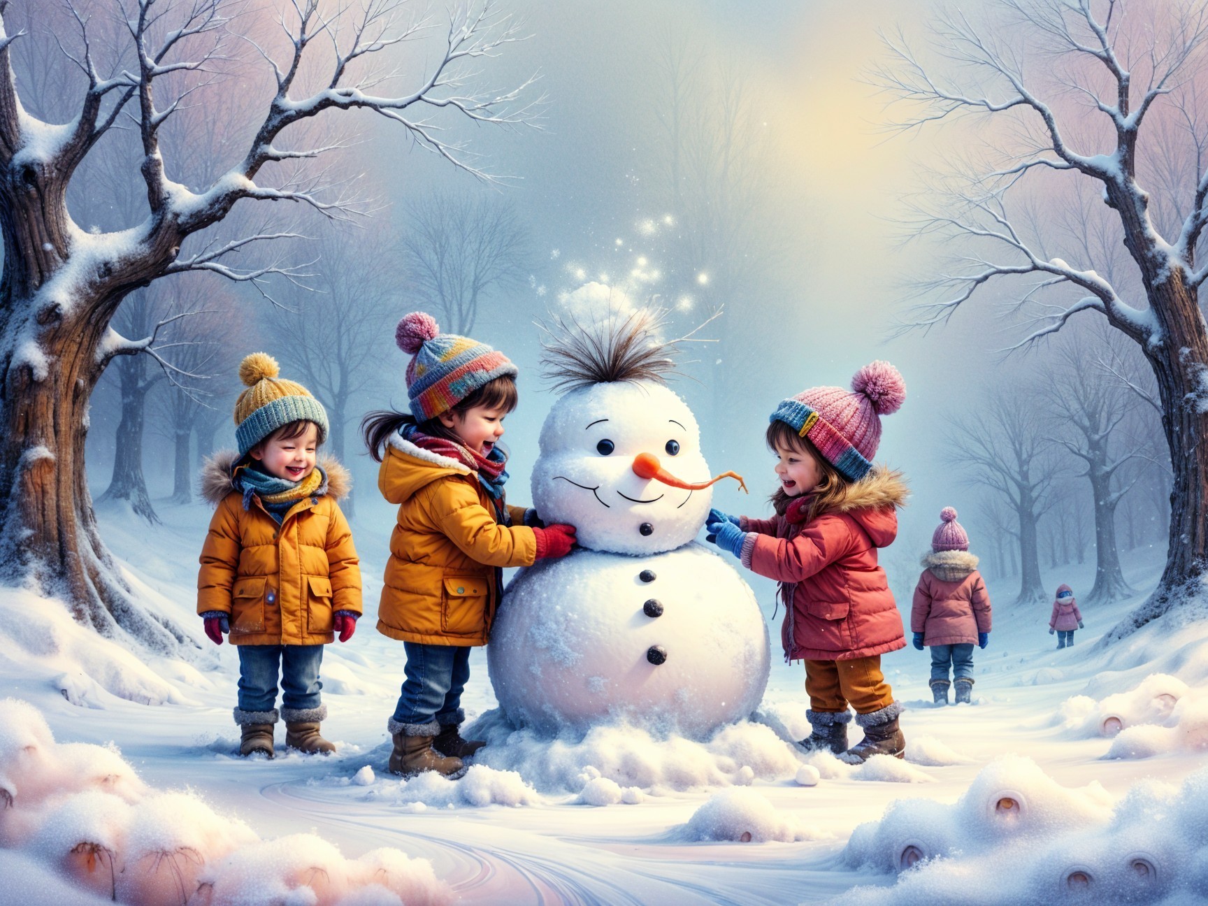 Children Building a Snowman in a Winter Landscape