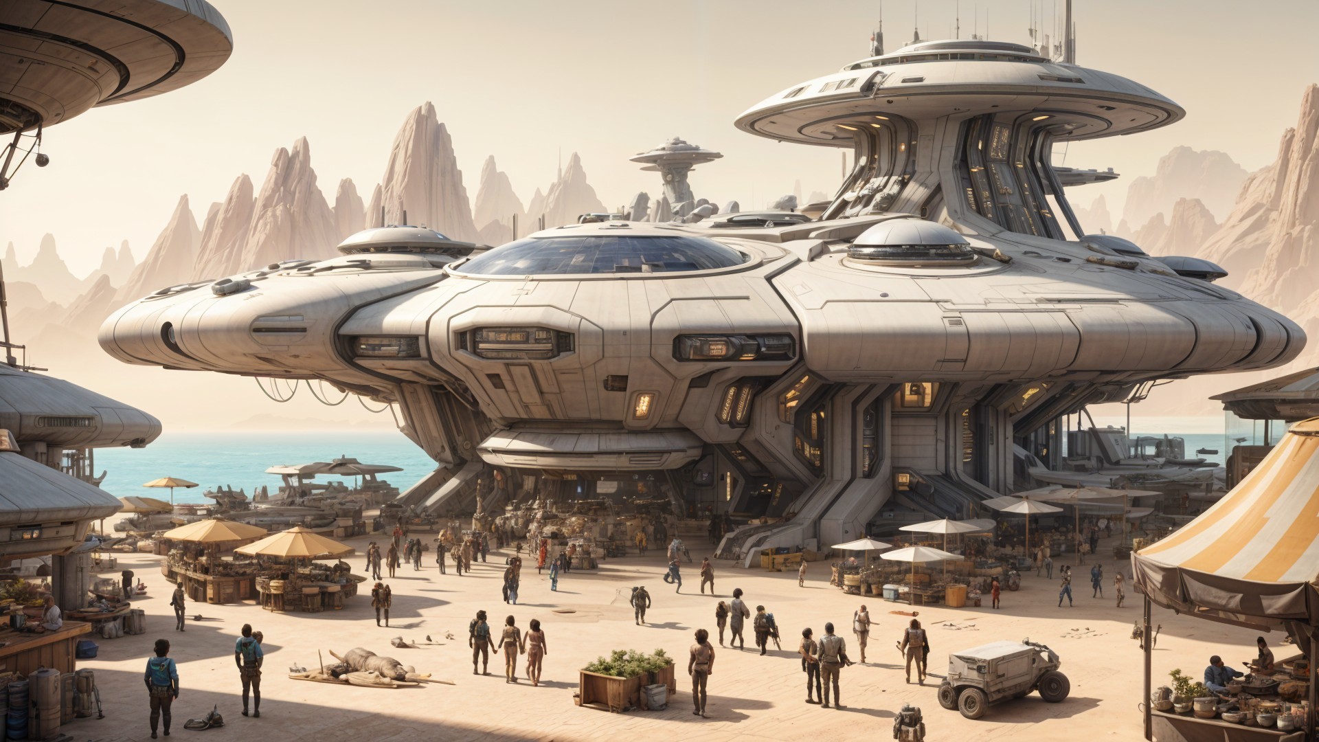 Futuristic Spaceport with Sleek Spacecraft Design