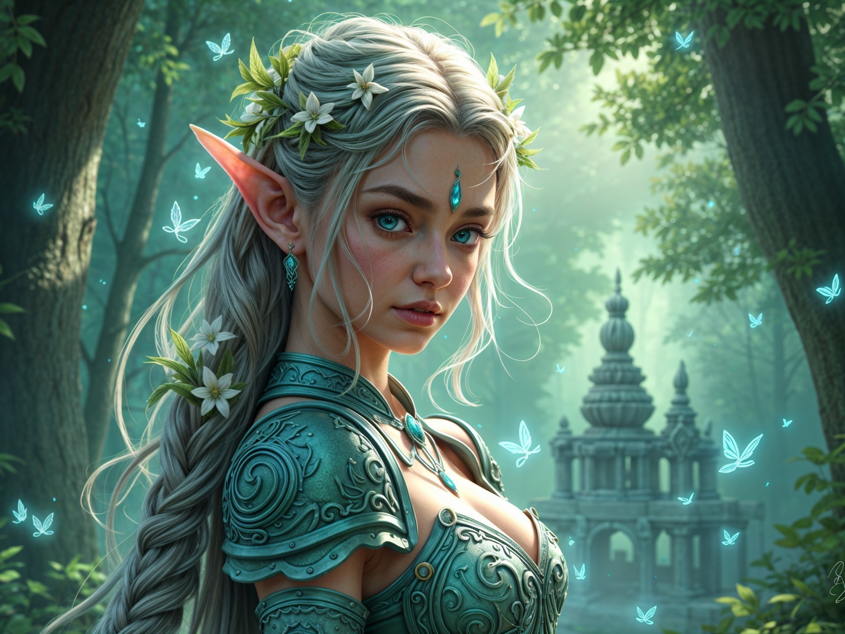 Mystical elf in lush forest with ancient temple backdrop