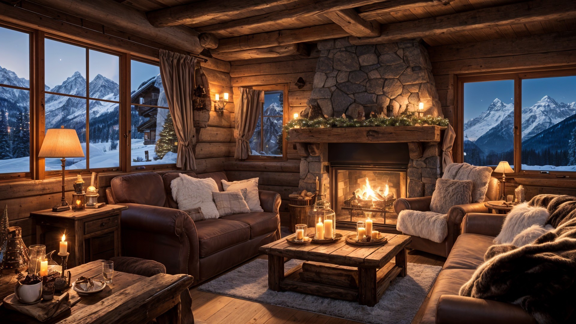 Cozy Log Cabin Living Room with Stone Fireplace