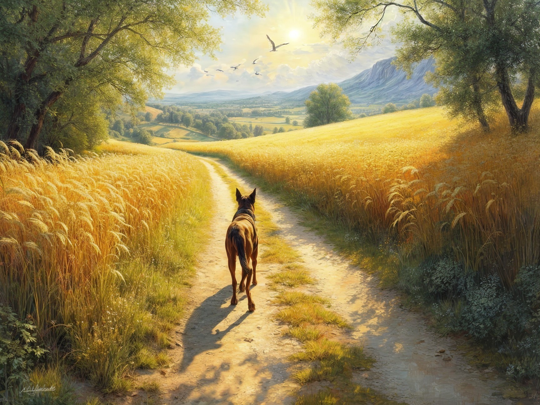 Serene Countryside Path with Wheat Fields and Hills