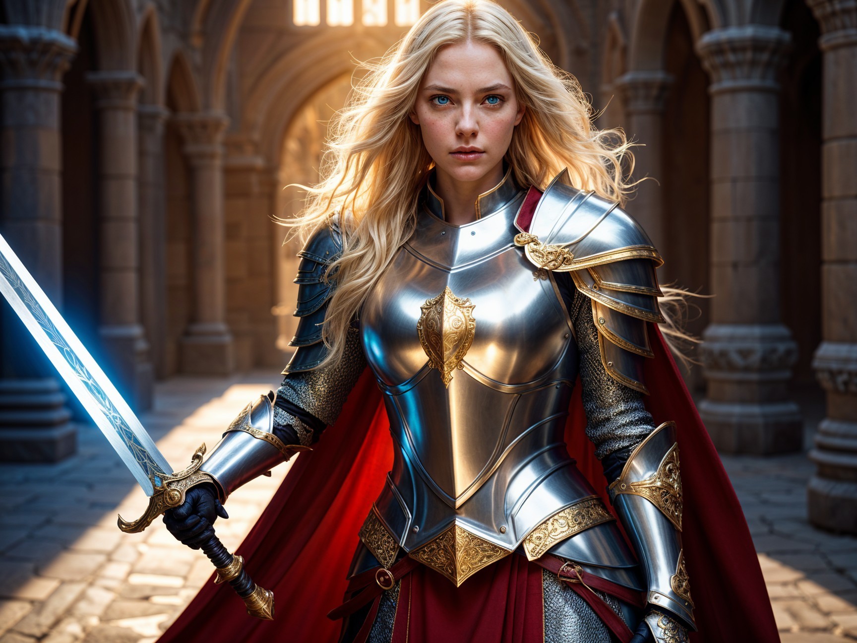 Warrior in Silver Armor in Ancient Stone Hall