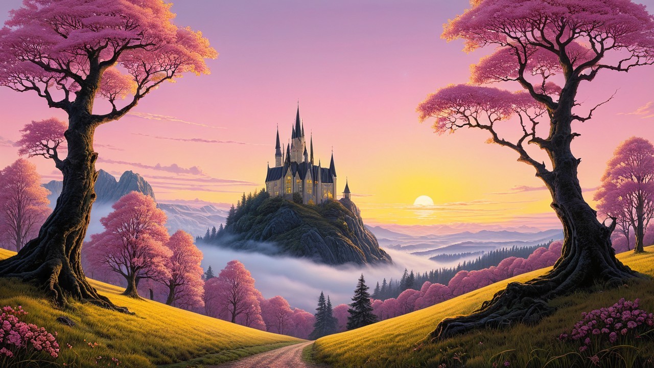 Majestic castle on a hill with cherry blossoms at sunset
