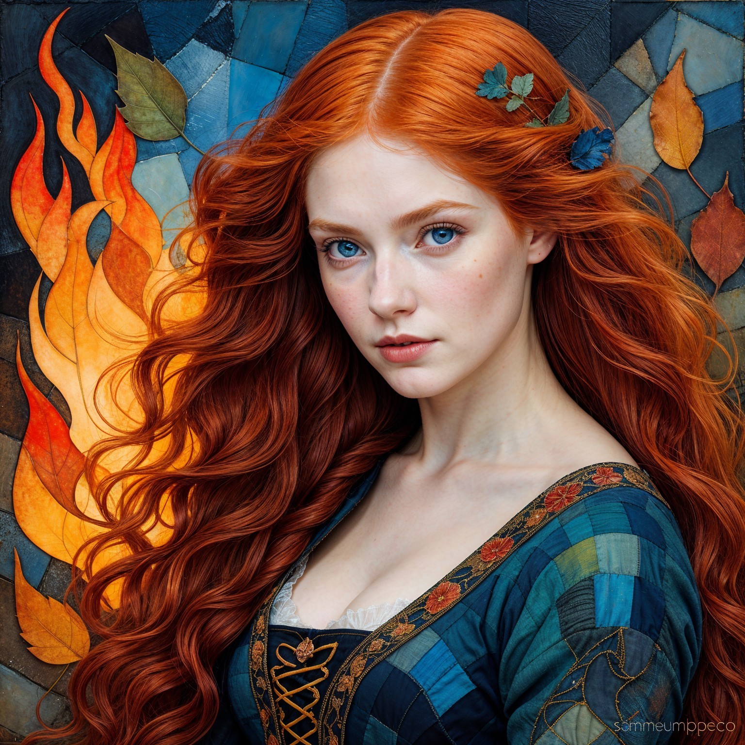 Portrait of a woman with auburn hair and blue eyes