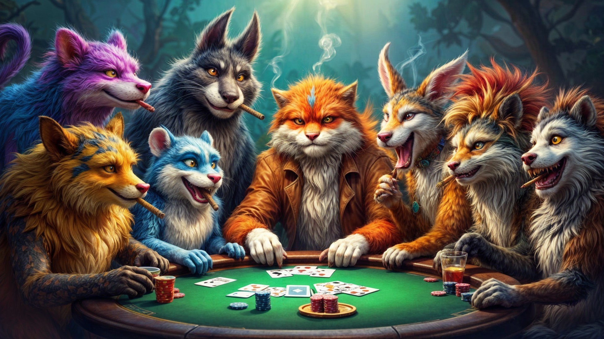 Anthropomorphic Animals Playing Poker in Forest Setting