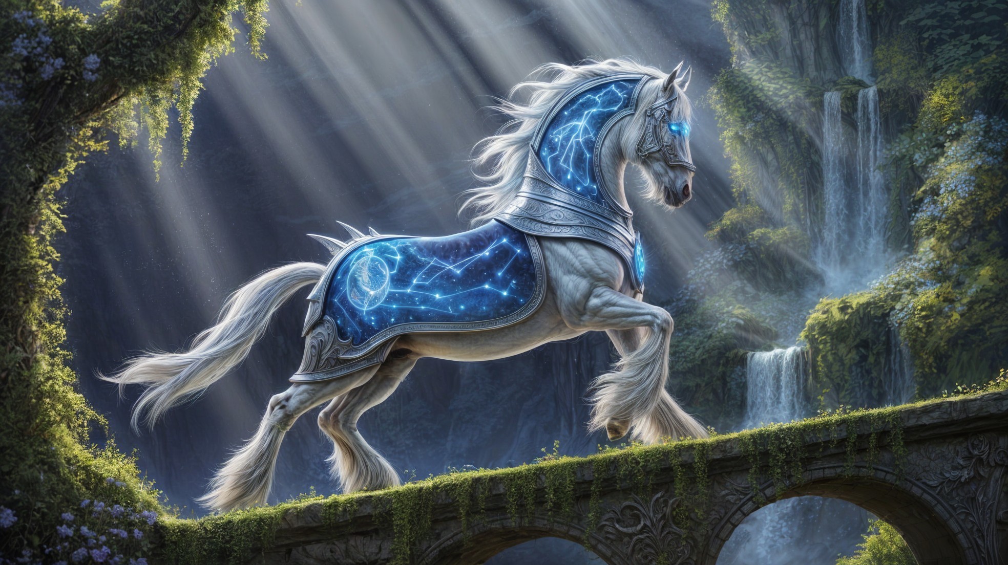 Majestic White Horse in Celestial Armor on Bridge
