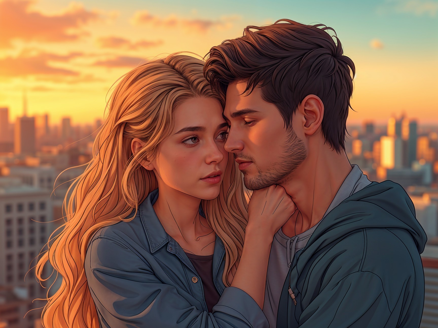 Young Couple on Rooftop at Sunset with City Skyline