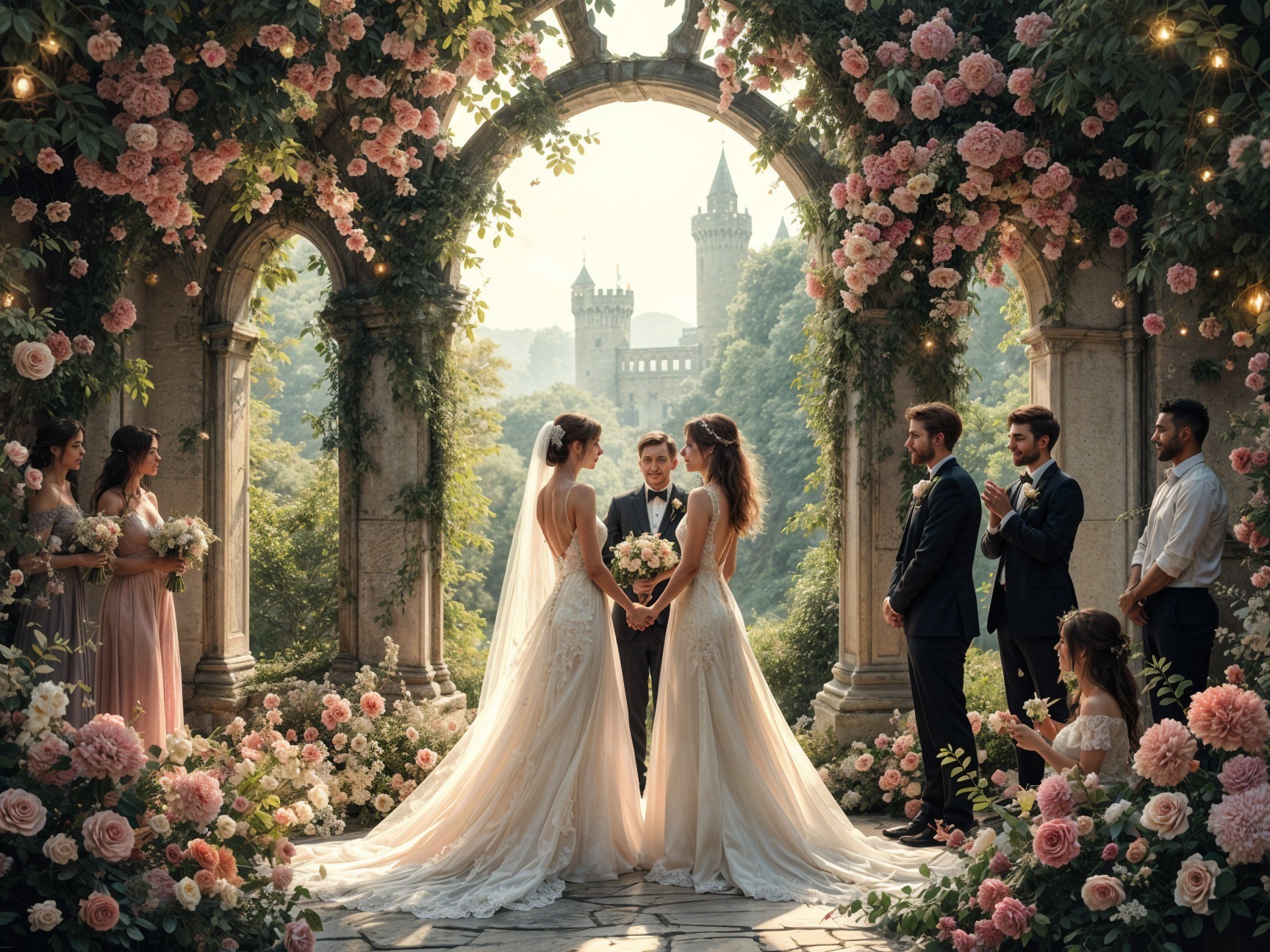 Brides Exchange Vows in Scenic Garden Setting