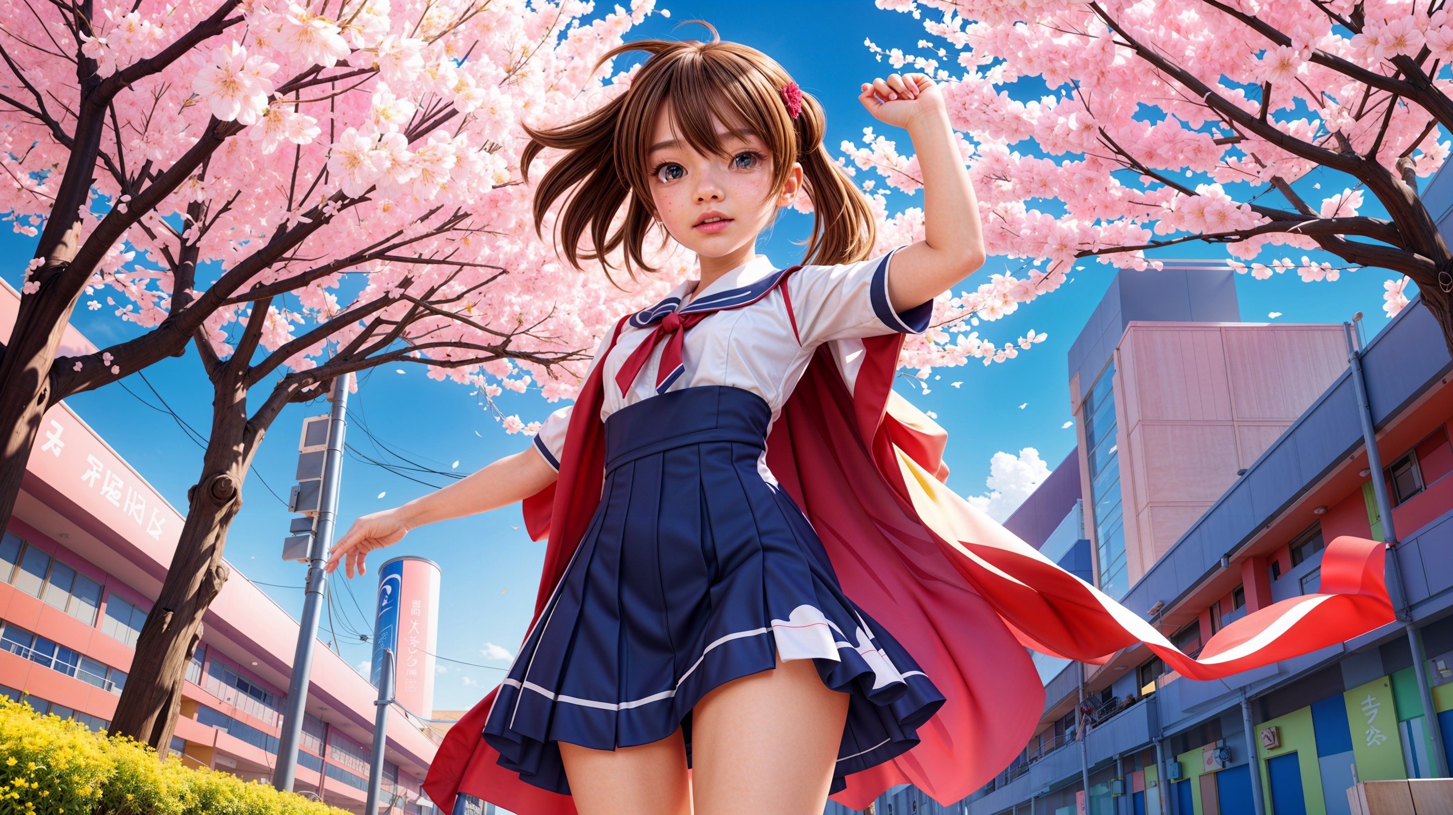 Young Girl in School Uniform under Cherry Blossoms