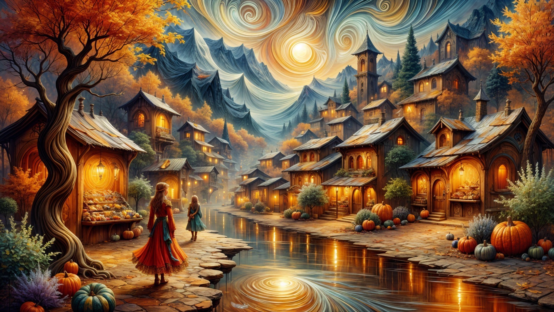 Autumn Scene in a Mountain Village with Cottages