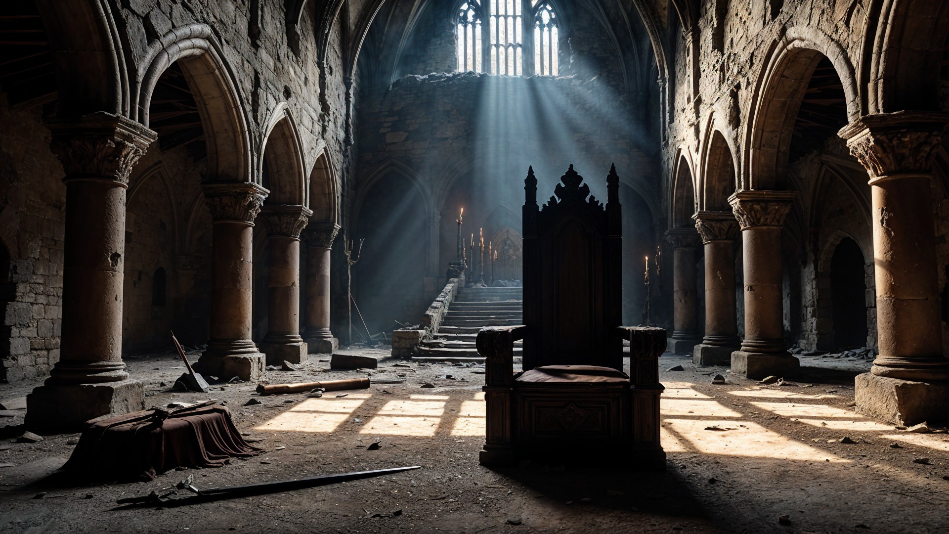 Dimly Lit Medieval Hall with Ornate Throne and Shadows