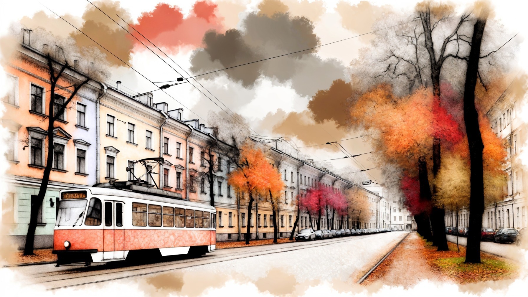 Vintage Tram on Scenic Urban Street in Autumn Foliage