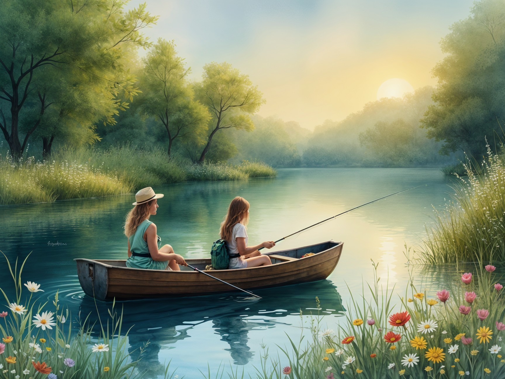 Serene Fishing at Sunrise on the River