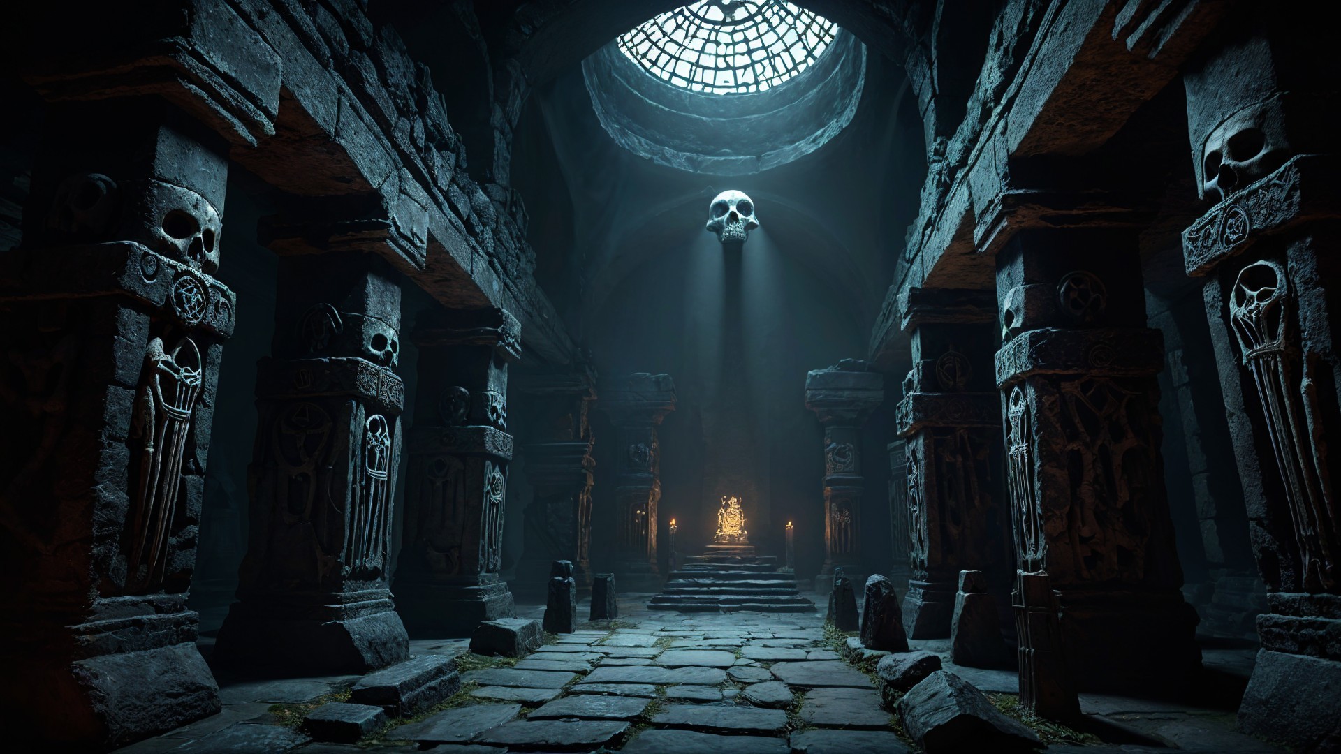 Ancient temple with stone pillars and eerie atmosphere