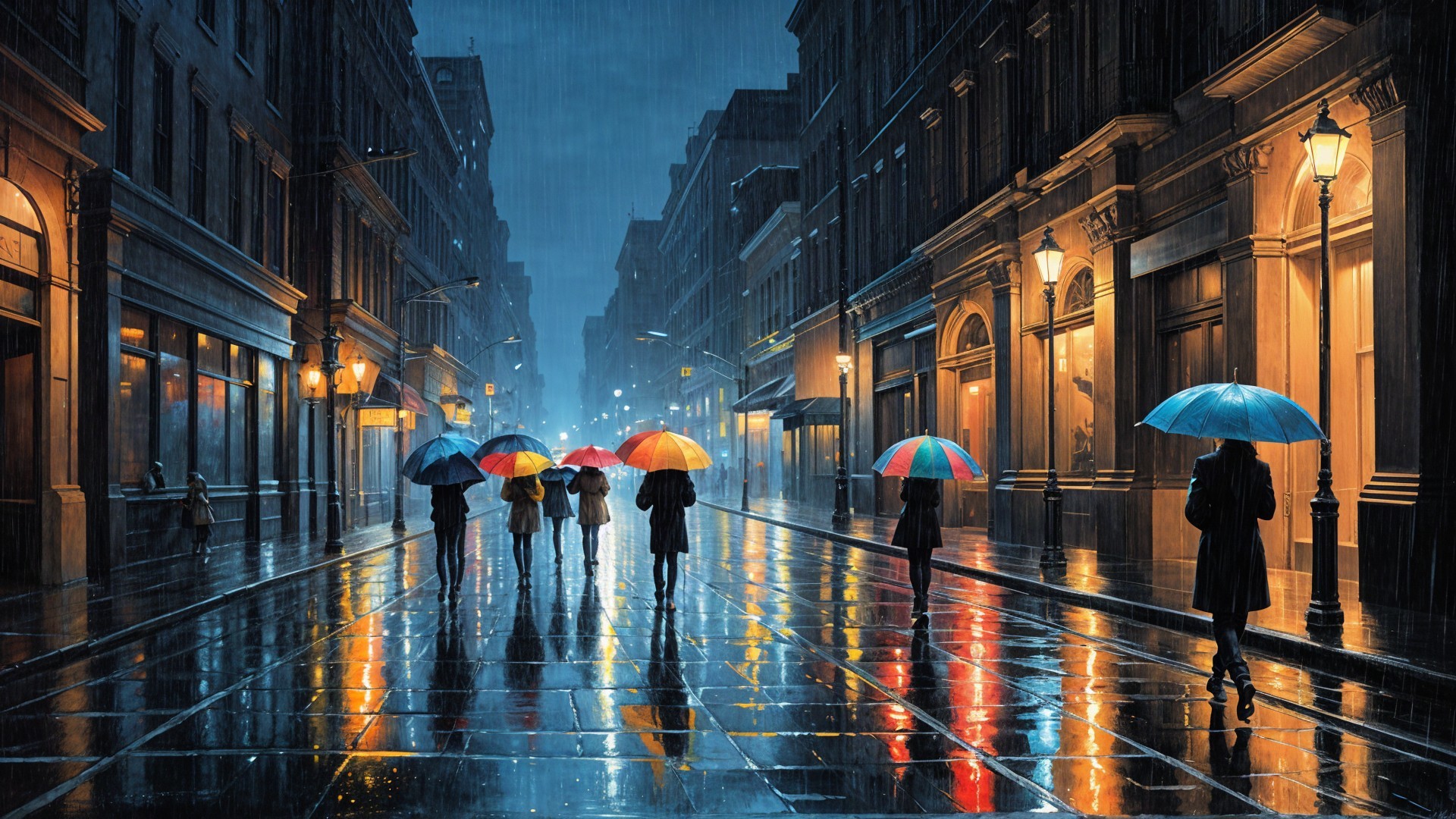 Dimly Lit Rainy Night Street with Colorful Reflections