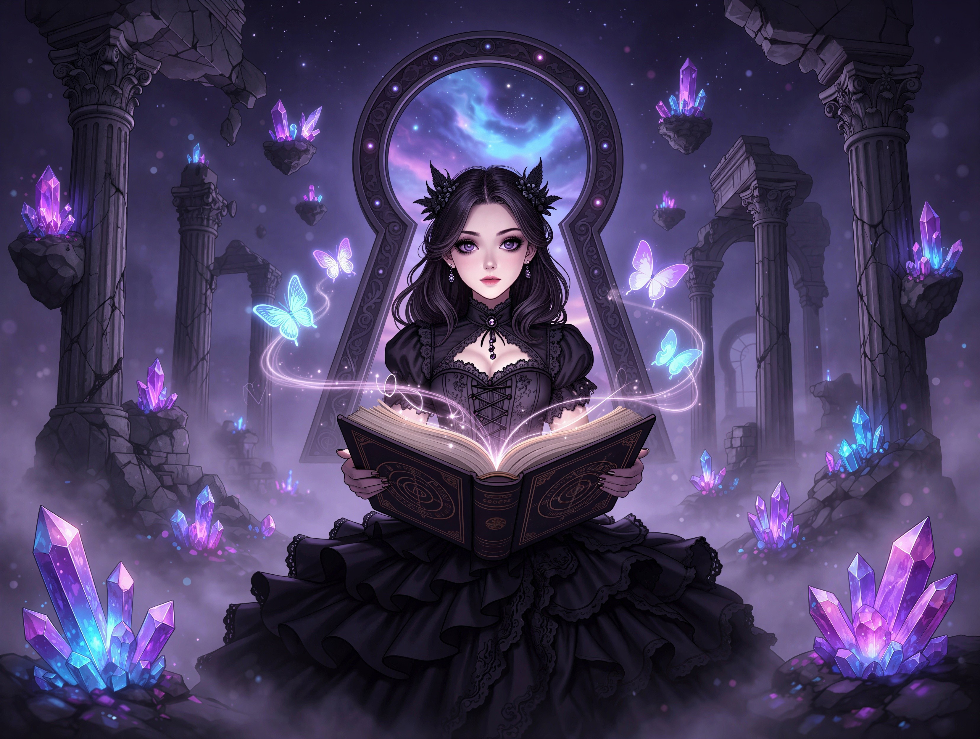 Gothic Girl with Black Dress and Mysterious Book