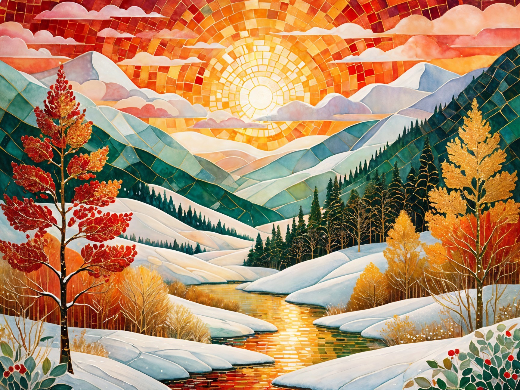 Vibrant Mountain Landscape Illustration at Sunset