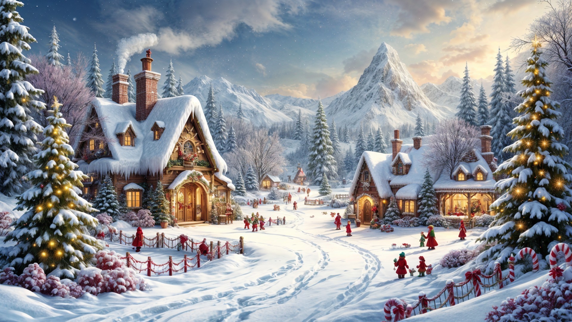 Winter Village Scene with Snow-Capped Mountains