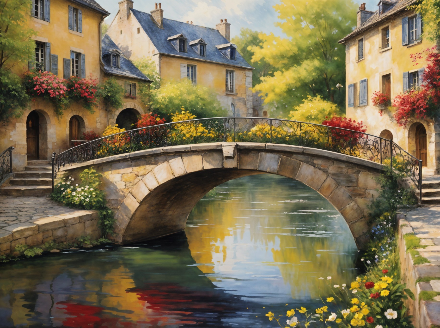 Charming Village Scene with Yellow Houses and Bridge